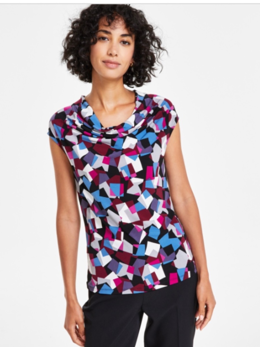 Kasper Women's Printed Cowlneck Cap-Sleeve Blouse - Black/Cerise Multi